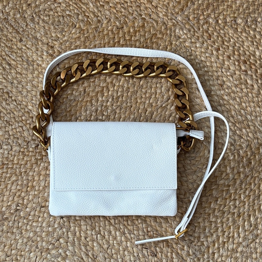 White Leather Crossbody Bag with Gold Chain